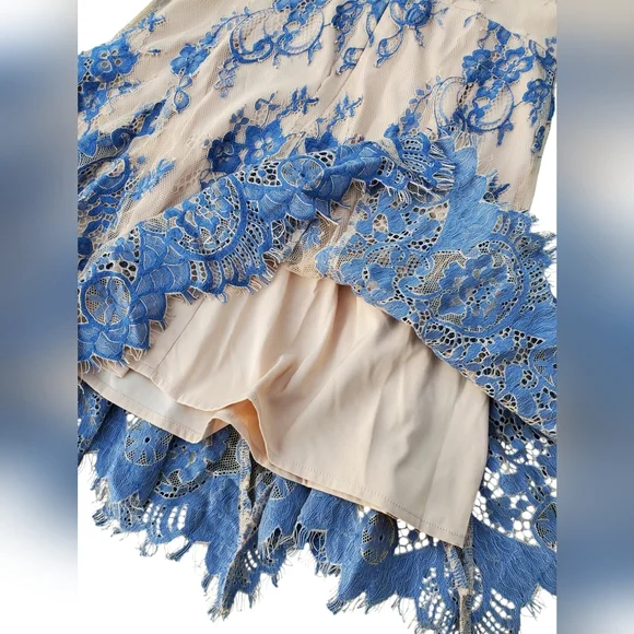 ✨️HP✨️Bebe Valorie Lace Godet Dress - Blue & Nude Size 6 - Picture 6 of 8